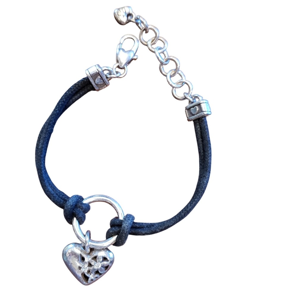 Brighton Bracelet Black Cord Silver Heart Charm Adjustable‎ Preowned Jewelry